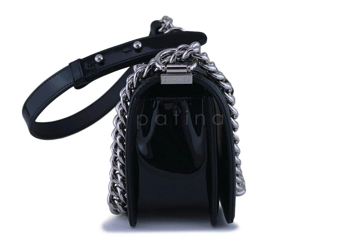 17K Chanel Black Glitter Chevron Patent Boy Flap Small Bag