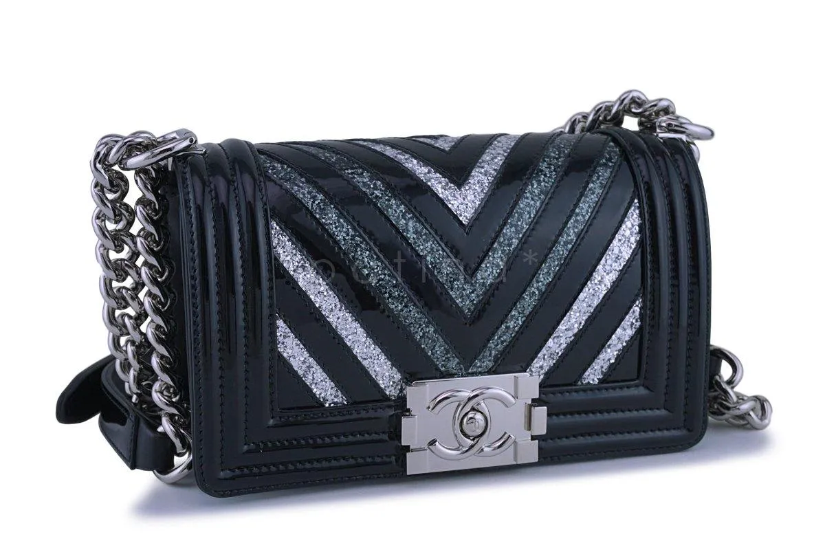 17K Chanel Black Glitter Chevron Patent Boy Flap Small Bag