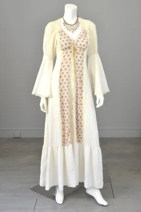 1970s Vintage Renaissance Victorian Revival Peasant Prairie Dress by Jody T | Romantic Hippie Dress w Poet Bell Sleeves | 70s Woodland Fairy Dress