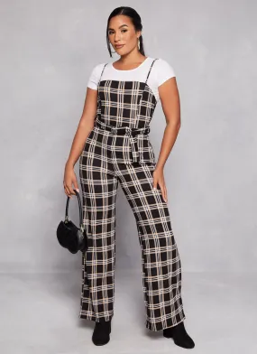 Almost Famous Plaid Belted Cami Jumpsuit with Tee