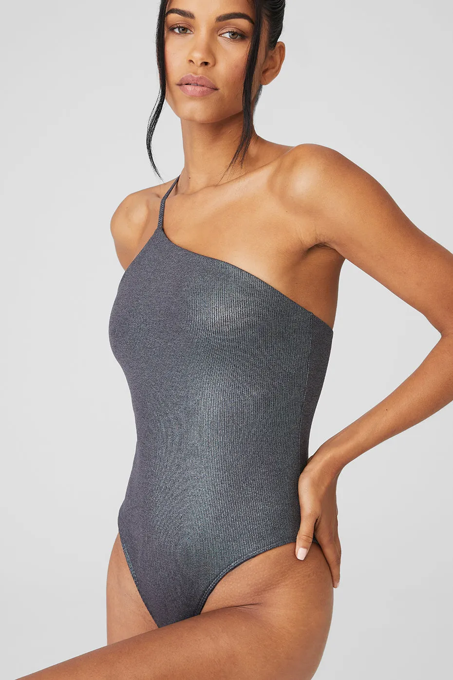 Alosoft Ribbed Shimmer Plie Bodysuit - Dark Grey Iridescent