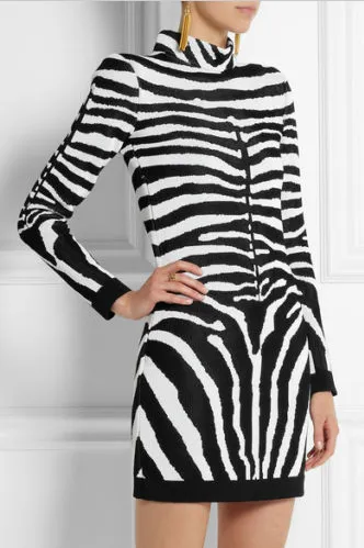 Balmain - As Seen on Rosie Huntington Whiteley - Long Sleeve Zebra Print Mini Dress NWT - FR 40