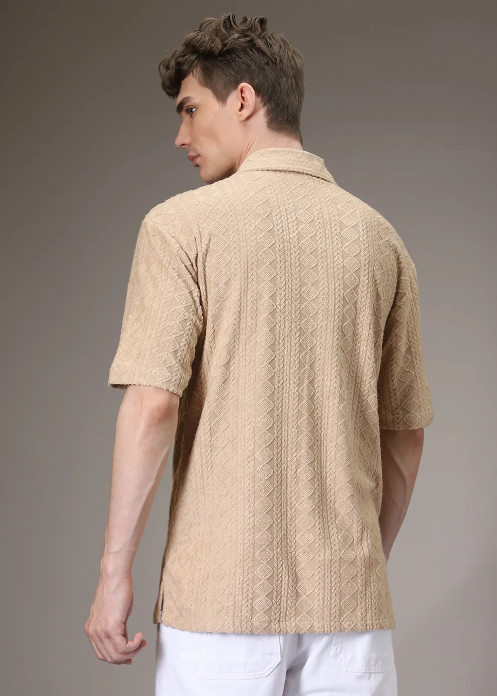 Beige Jacquard Towelling Camp Shirt