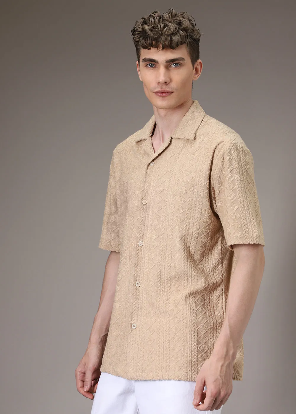 Beige Jacquard Towelling Camp Shirt