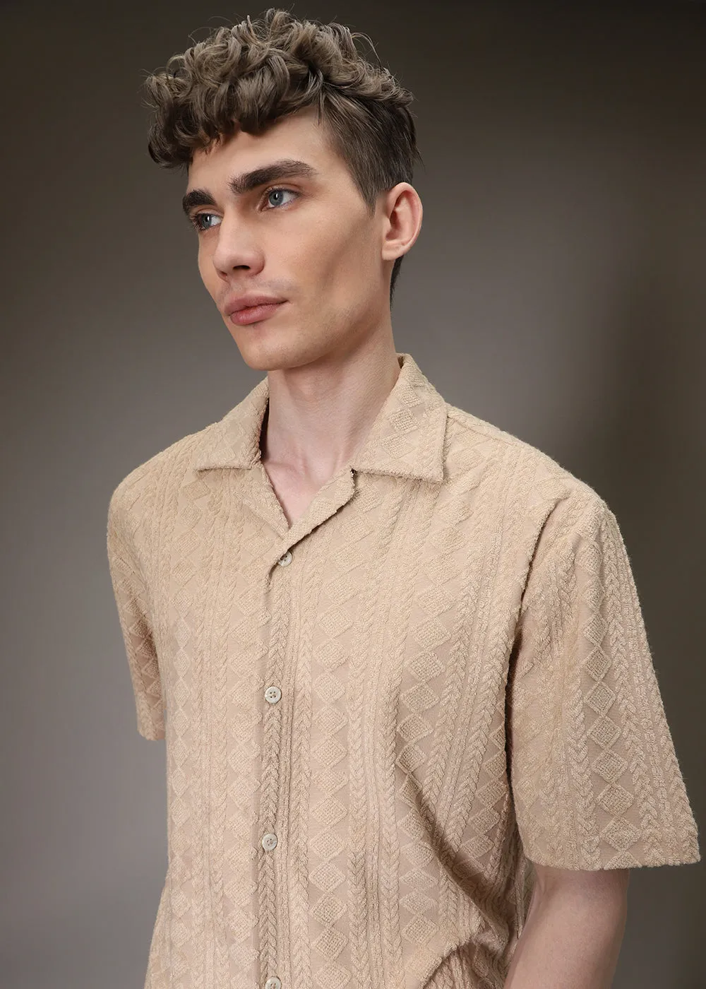 Beige Jacquard Towelling Camp Shirt