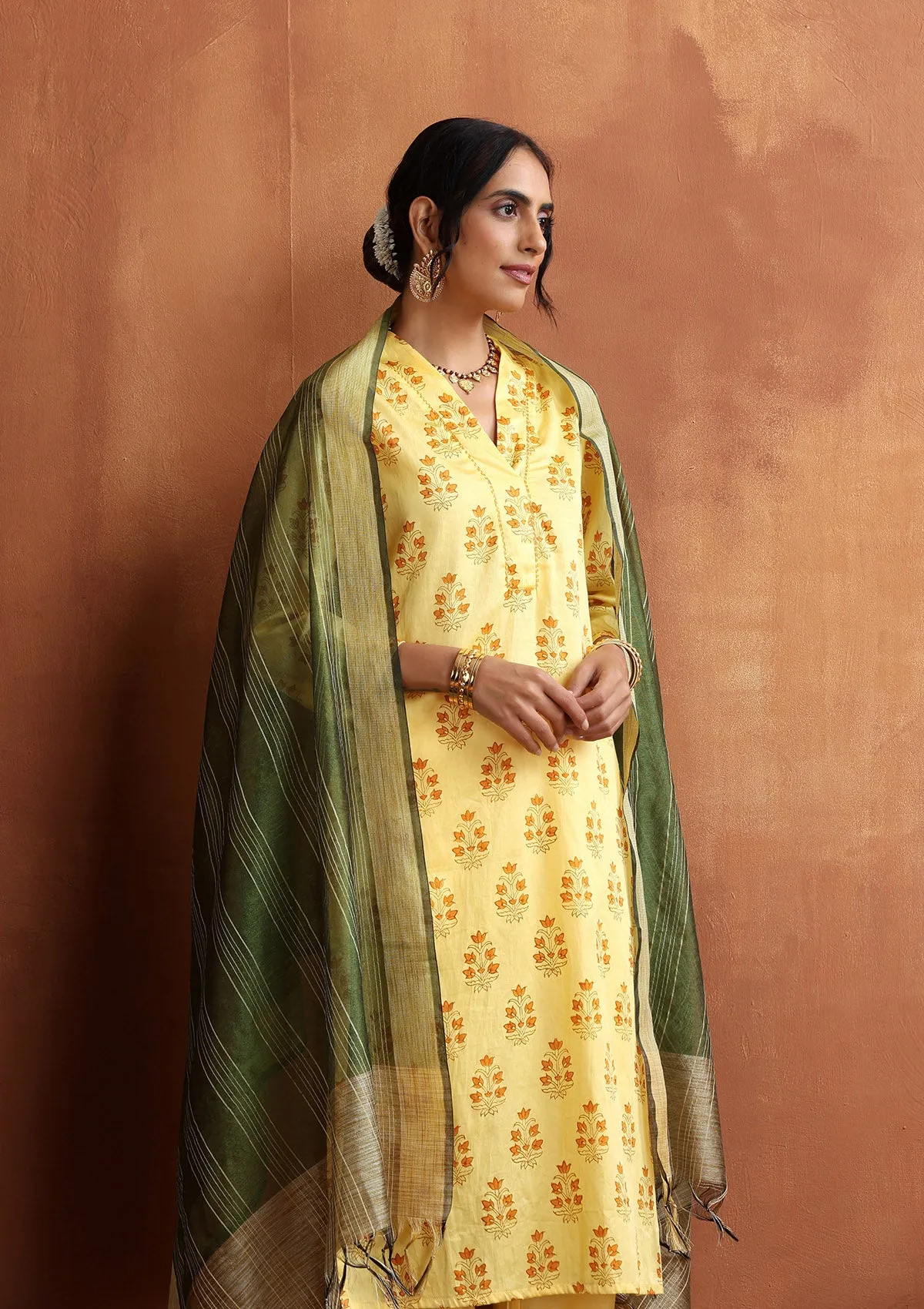 HOC Crafts Glazed Cotton Hand Block Printed with Hand Embroidery  Women's 3 PC Long Kurta Set with dupatta  - Yellow