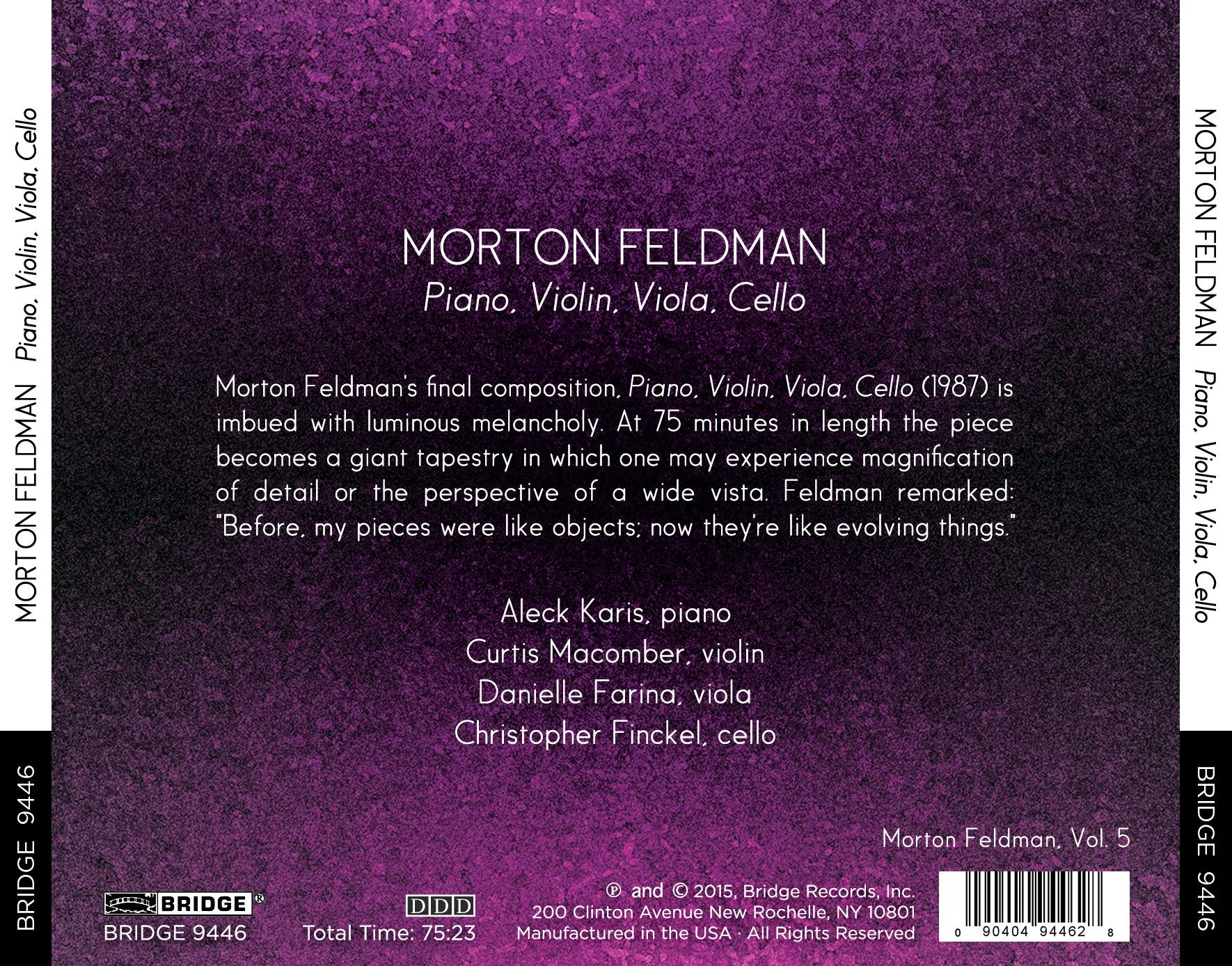 Morton Feldman: Piano, Violin, Viola, Cello <BR> BRIDGE 9446