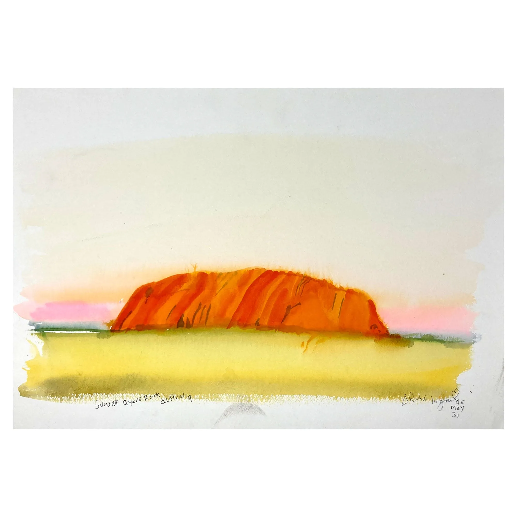 ORIGINAL WATERCOLOUR OF SUNSET AT AYERS ROCK, AUSTRALIA - ANDREW LOGAN 1995