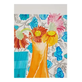 ORIGINAL WATERCOLOUR OF VASE OF GERBERAS, UTORDA - BY ANDREW LOGAN 2018