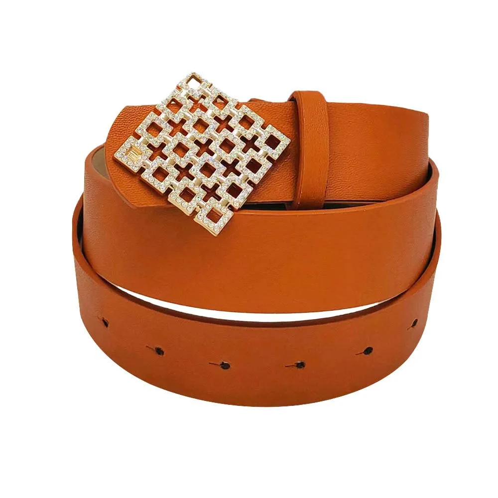 Rhinestone Embellished Square Buckle Faux Leather Belt