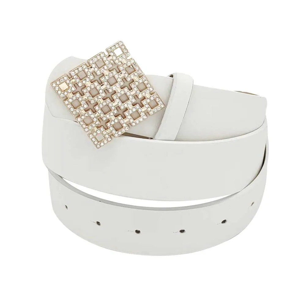 Rhinestone Embellished Square Buckle Faux Leather Belt