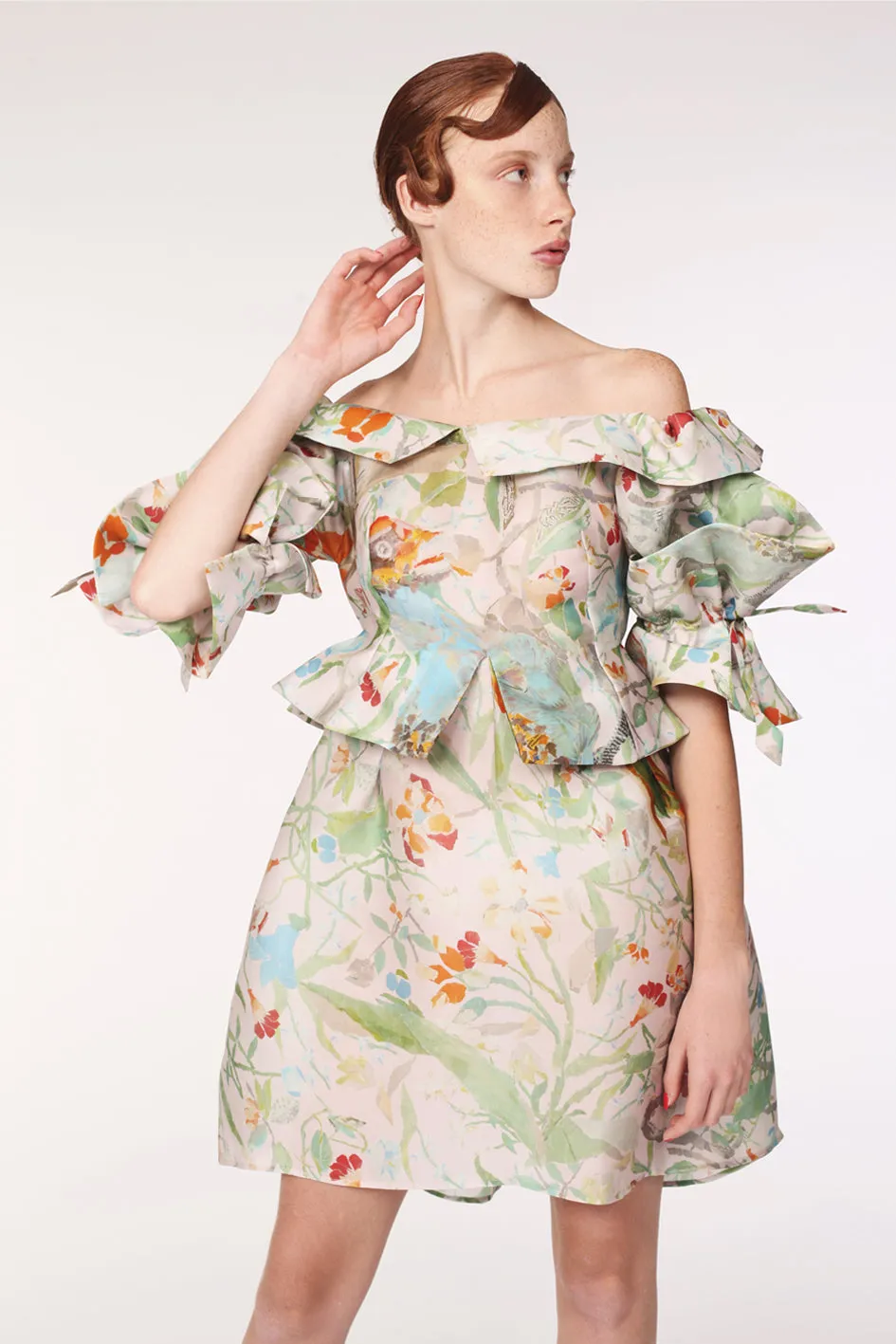 Squarish Sleeves Origami Silk Organdy Dress / Paper Collage Print.