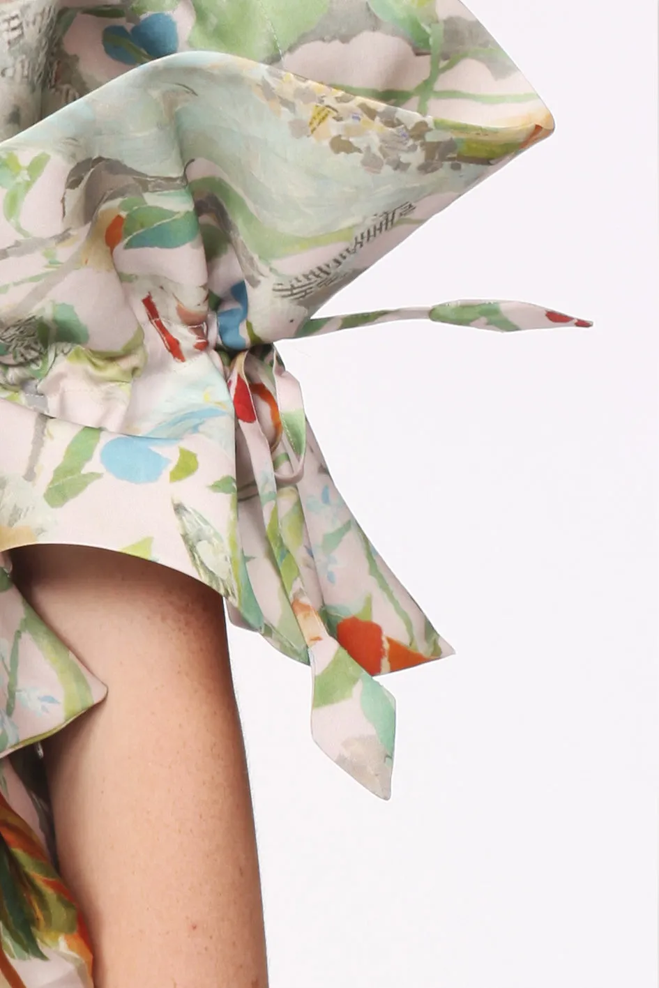 Squarish Sleeves Origami Silk Organdy Dress / Paper Collage Print.