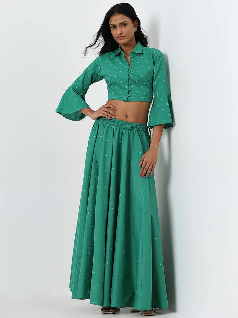 Utsa Jade Green Mirror Work Mid-Rise Cotton Skirt