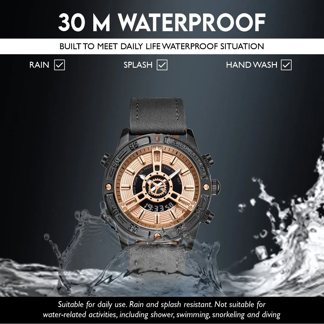 V2A ChronoMaster Series Genuine Leather Analog Digital Watch for Men, Alloy Case, 3 ATM Water Resistant, Luminous Light, Stopwatch and Alarm | Perfect Mens Watch Birthday Rakhi Gift