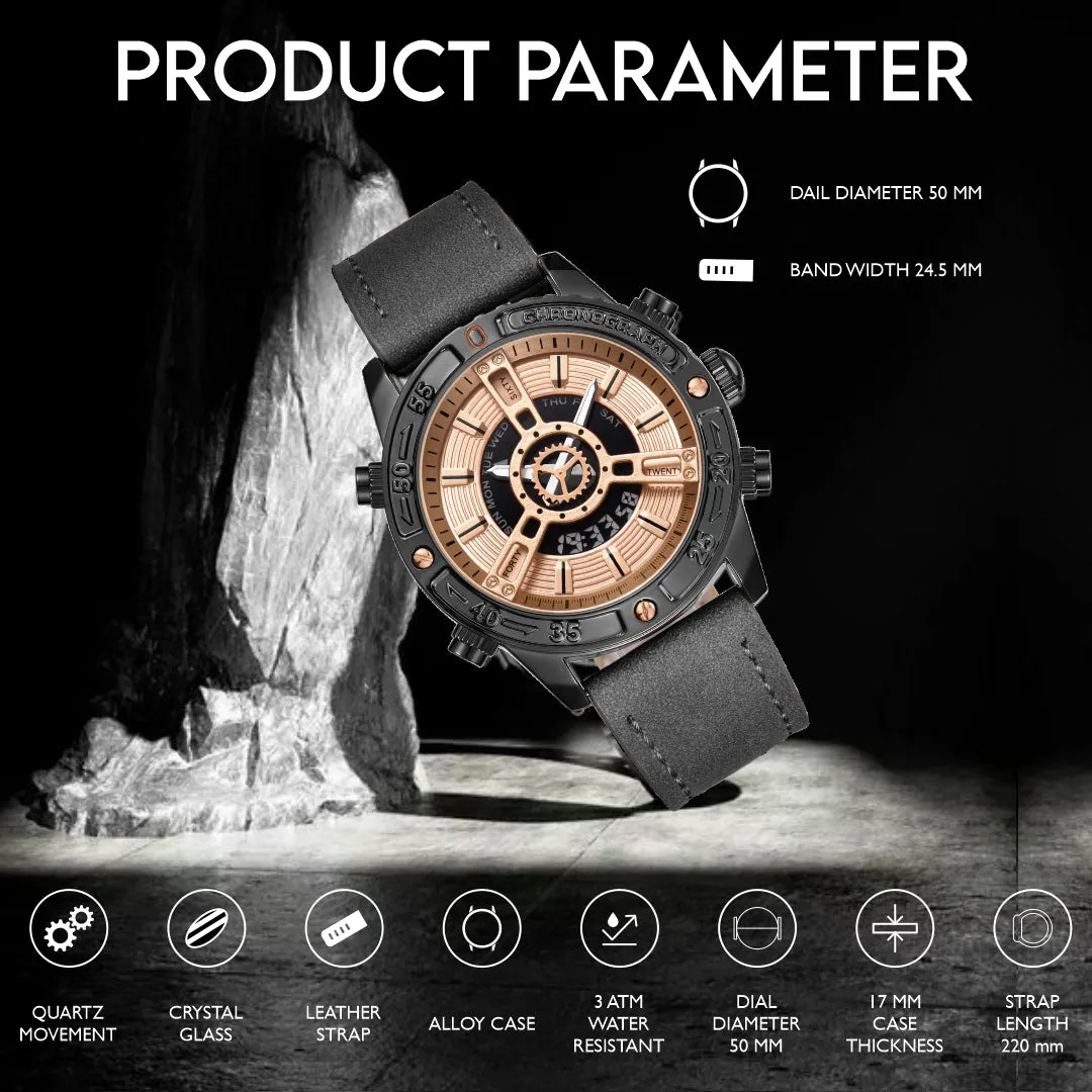 V2A ChronoMaster Series Genuine Leather Analog Digital Watch for Men, Alloy Case, 3 ATM Water Resistant, Luminous Light, Stopwatch and Alarm | Perfect Mens Watch Birthday Rakhi Gift