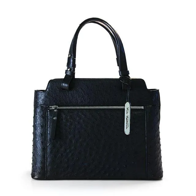 Via Veneta Faith Ostrich Leather Medium Structured Handbag | Black