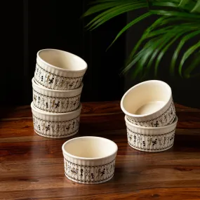 'Whispers of Warli' Handcrafted Ceramic Dinner Bowls/Katoris (Set of 6, 180 ML, Microwave Safe)